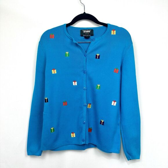 Designer Originals Women Sweater Cardigan Teal Blue Size PL Presents Christmas - Picture 1 of 4